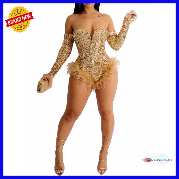 Sequin Bodysuit with Feather Trim Soft Lining Flattering Fit for Parties